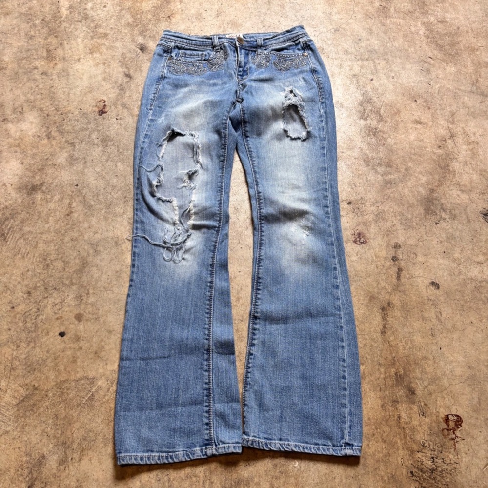 Mudd Y2K Distressed Rhinestone Jeans Size 5 Low Rise Bootcut McBling